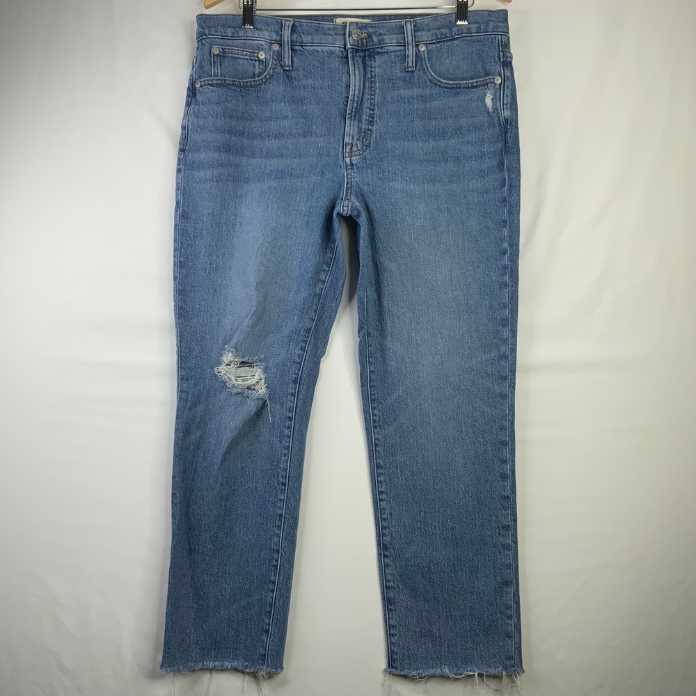 Madewell Mid-Rise Perfect Vintage Jean Blue Distressed Raw Hem Womens Size 31